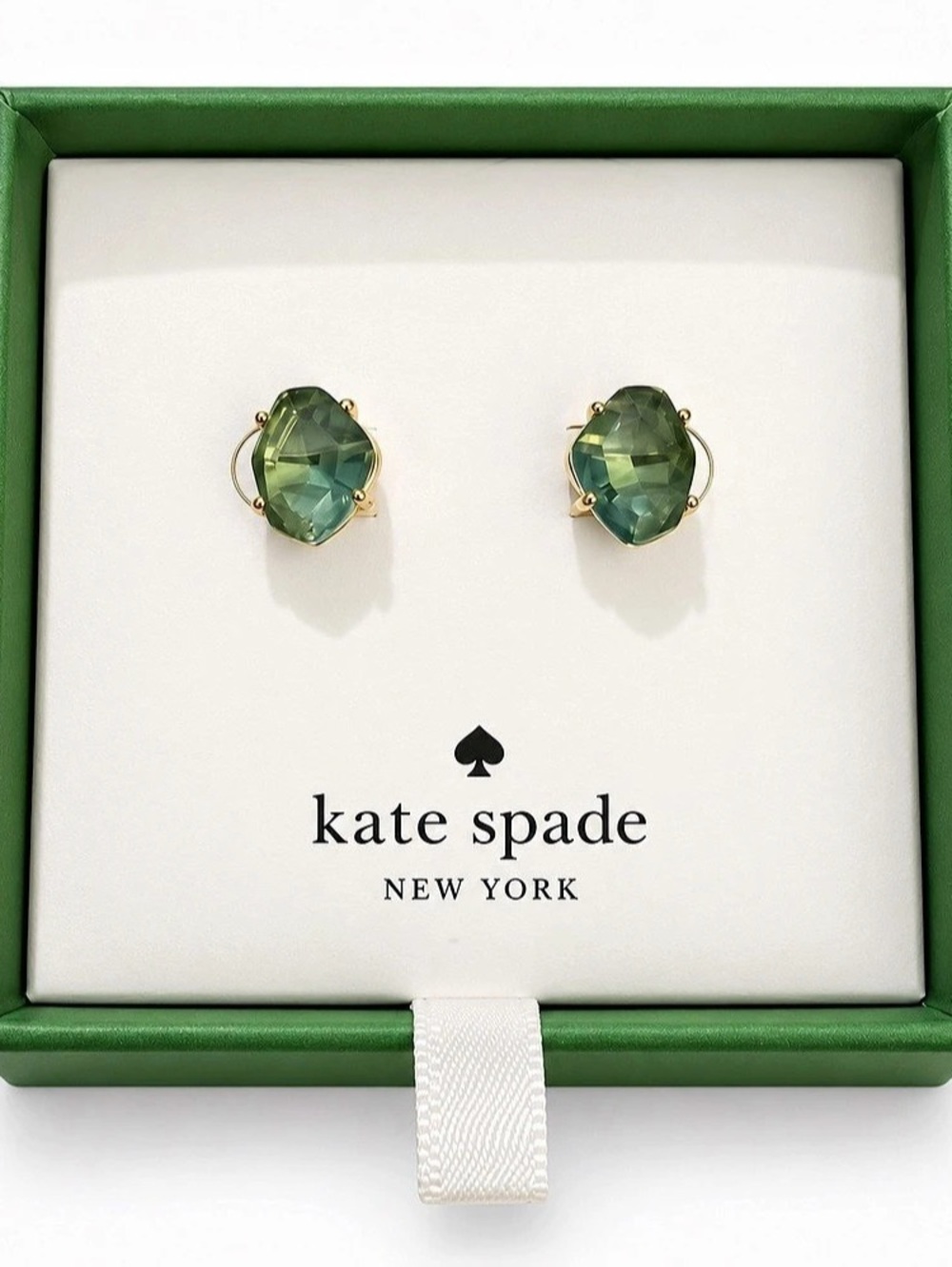 Kate Spade New York Green Faceted Crystal Stud Earrings Gold Tone Gift Box